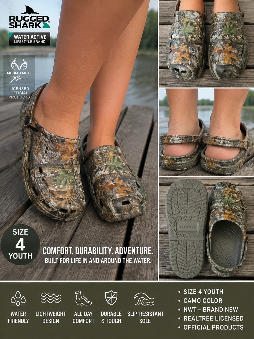Rugged Shark Realtree Camo Water Shoes – Size 4 – NWT